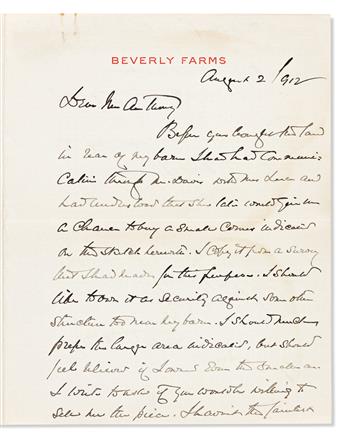 HOLMES, OLIVER WENDELL; JR. Autograph Letter Signed, OWHolmes, to Dear Mrs. Anthony,
